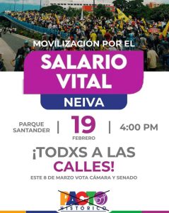 Convocan movilización por el “Salario Vital” este 19 de febrero en Neiva