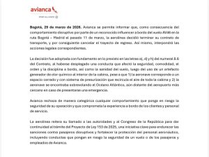 Avianca cancela contrato de pasajero por comportamiento disruptivo en vuelo Bogotá–Madrid