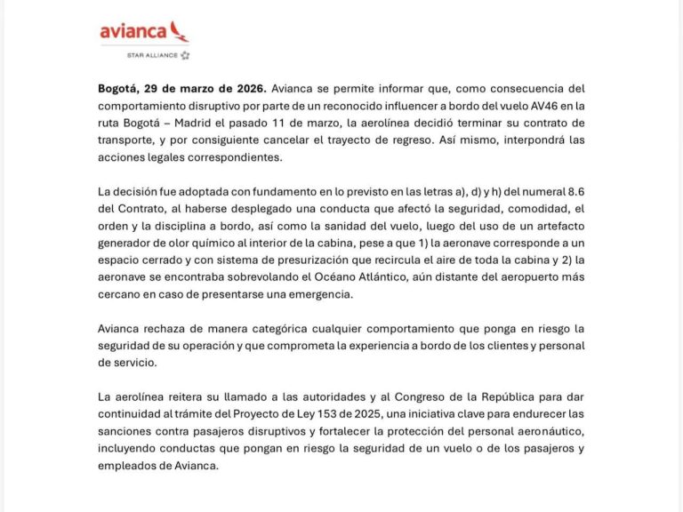 Avianca cancela contrato de pasajero por comportamiento disruptivo en vuelo Bogotá–Madrid