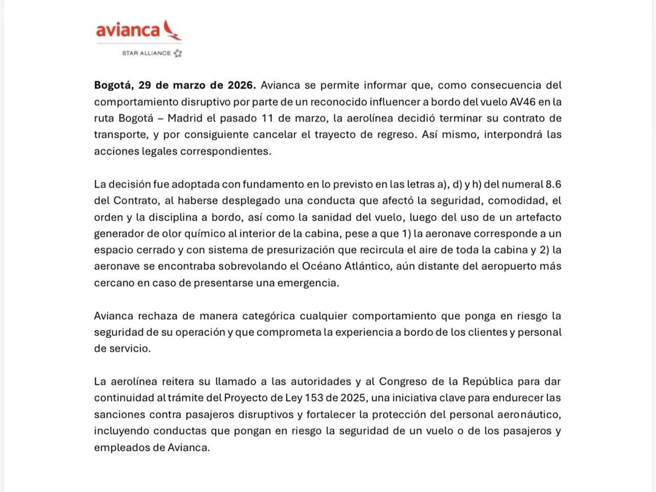Avianca cancela contrato de pasajero por comportamiento disruptivo en vuelo Bogotá–Madrid