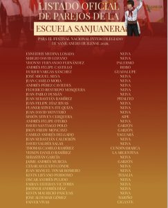 Anuncian listado oficial de parejos para el Intercolegiado del Sanjuanero Huilense 2026