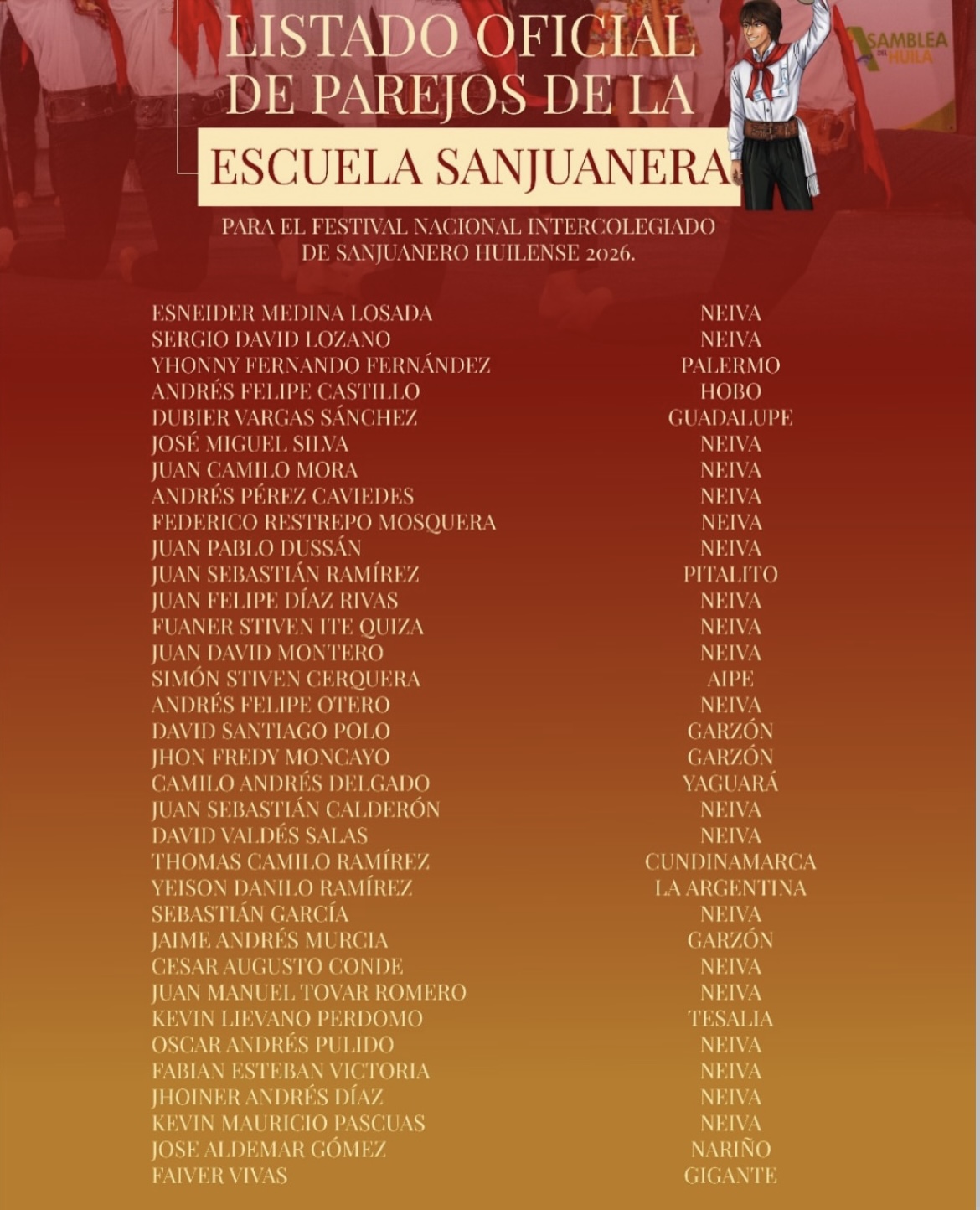 Anuncian listado oficial de parejos para el Intercolegiado del Sanjuanero Huilense 2026